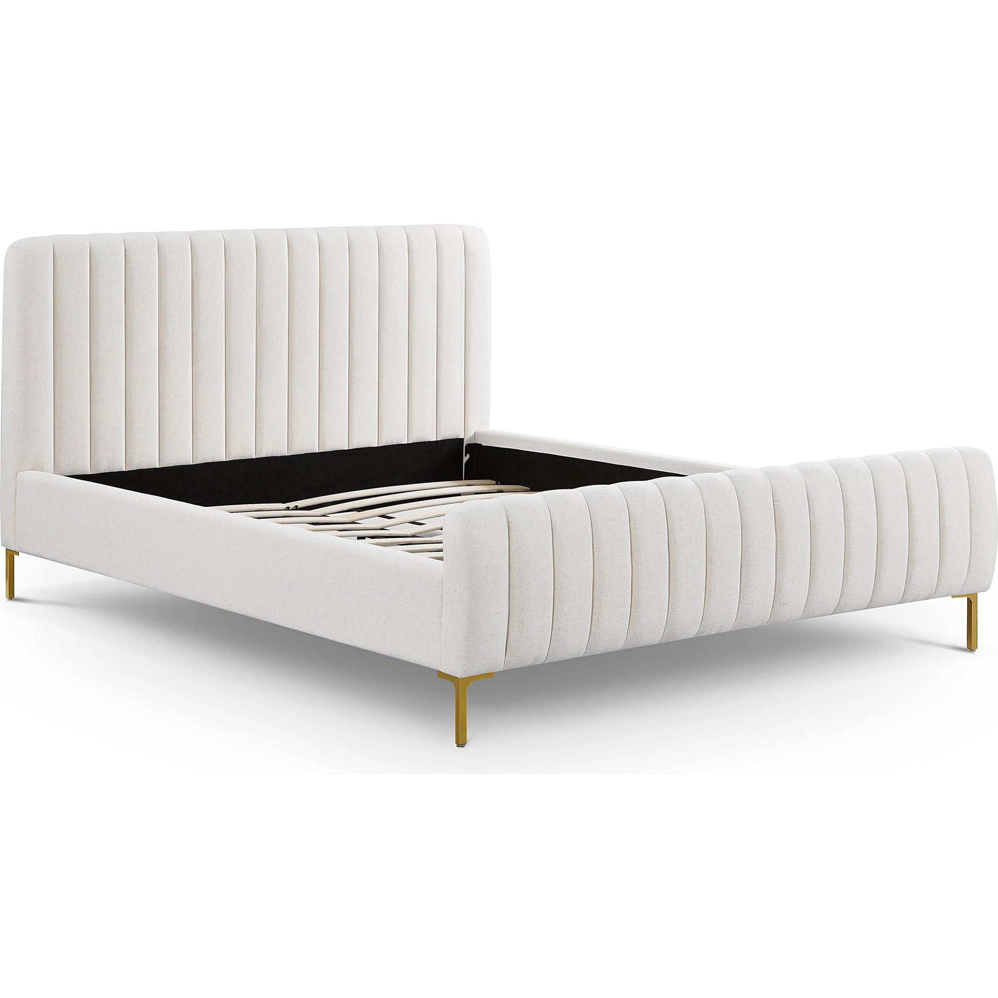 Angela Upcycled Linen Bed by TOV Furniture. Made from mdf, recycled fabric, stainless steel in a transitional style.