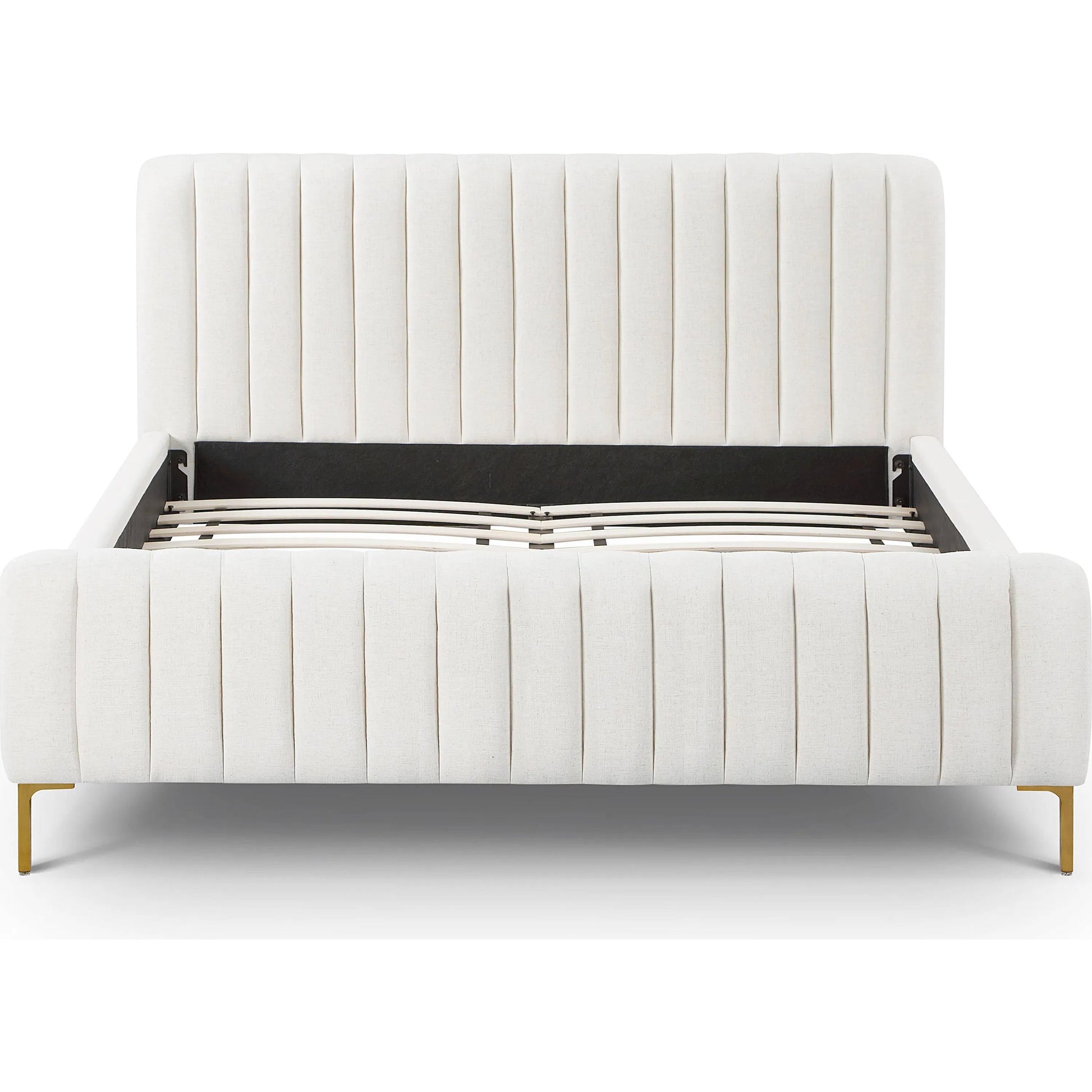 Angela Upcycled Linen Bed by TOV Furniture. Made from mdf, recycled fabric, stainless steel in a transitional style.