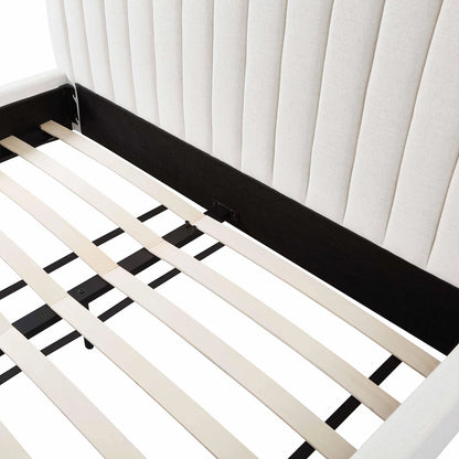 Angela Upcycled Linen Bed by TOV Furniture. Made from mdf, recycled fabric, stainless steel in a transitional style.