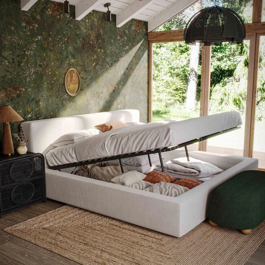 Meena Upcycled Linen Storage Bed by TOV Furniture in cream. Made from mdf, recycled fabric in a unique style.