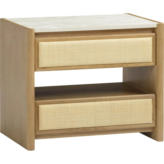 Paige Oak 2-Drawer Nightstand by TOV Furniture in natural. Made from melamine, oak, oak veneer, raffia in a unique style.