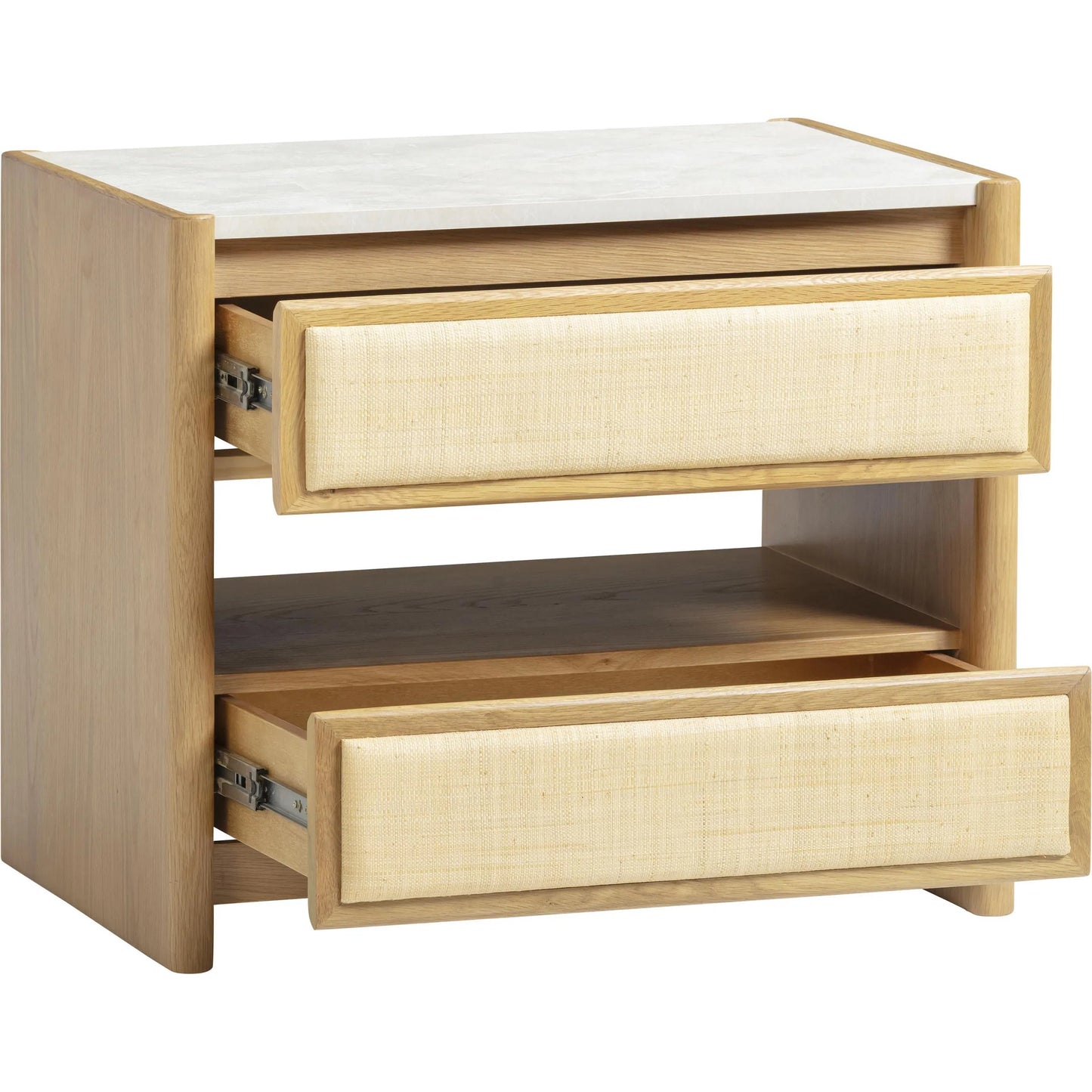 002 SI-2454351 | Additional Silo | Paige Oak 2-Drawer Nightstand by TOV Furniture in natural. Made from melamine, oak, oak veneer, raffia in a unique style.