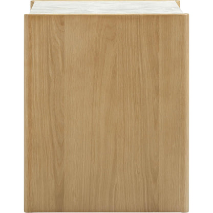Paige Oak 2-Drawer Nightstand by TOV Furniture in natural. Made from melamine, oak, oak veneer, raffia in a unique style.