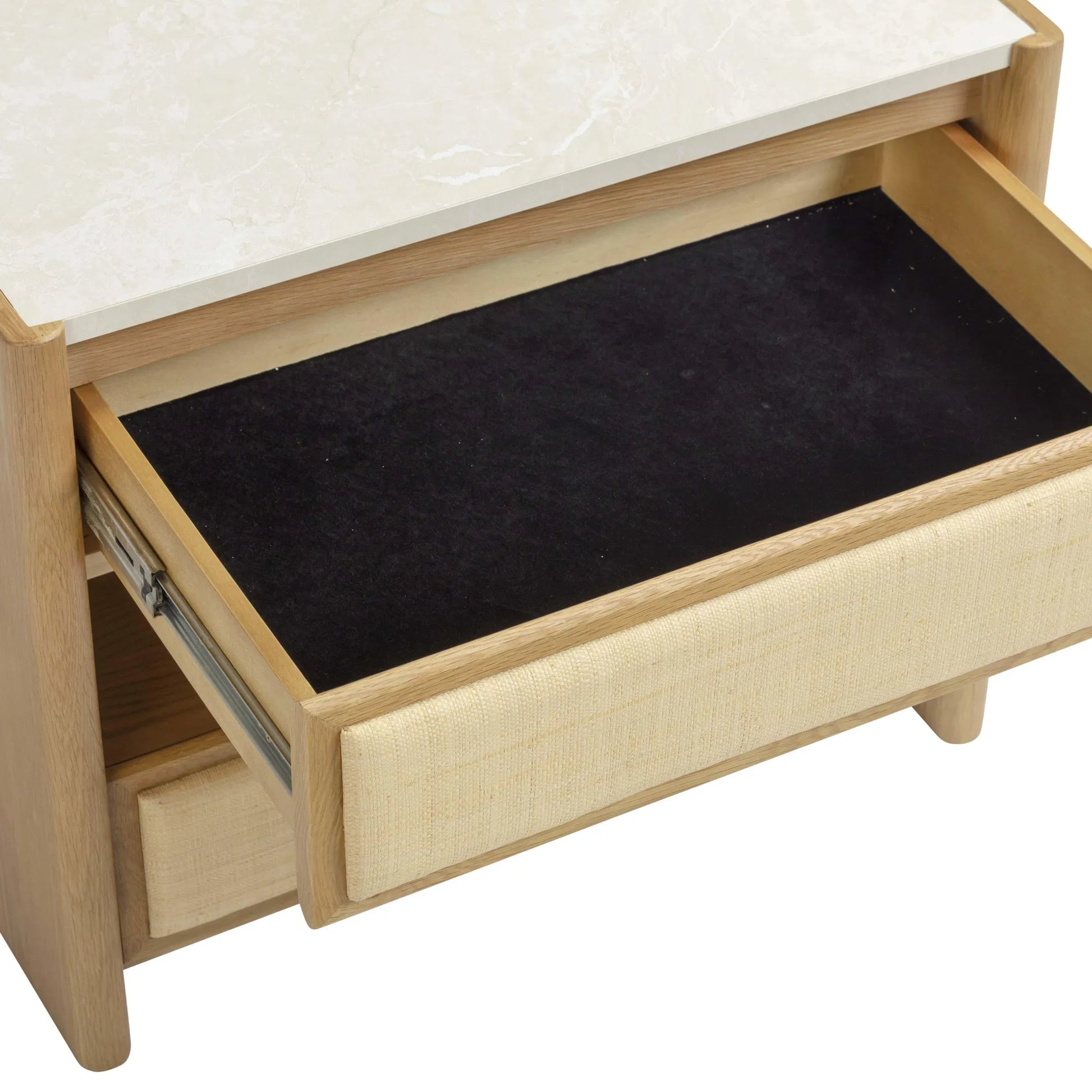 Paige Oak 2-Drawer Nightstand by TOV Furniture in natural. Made from melamine, oak, oak veneer, raffia in a unique style.