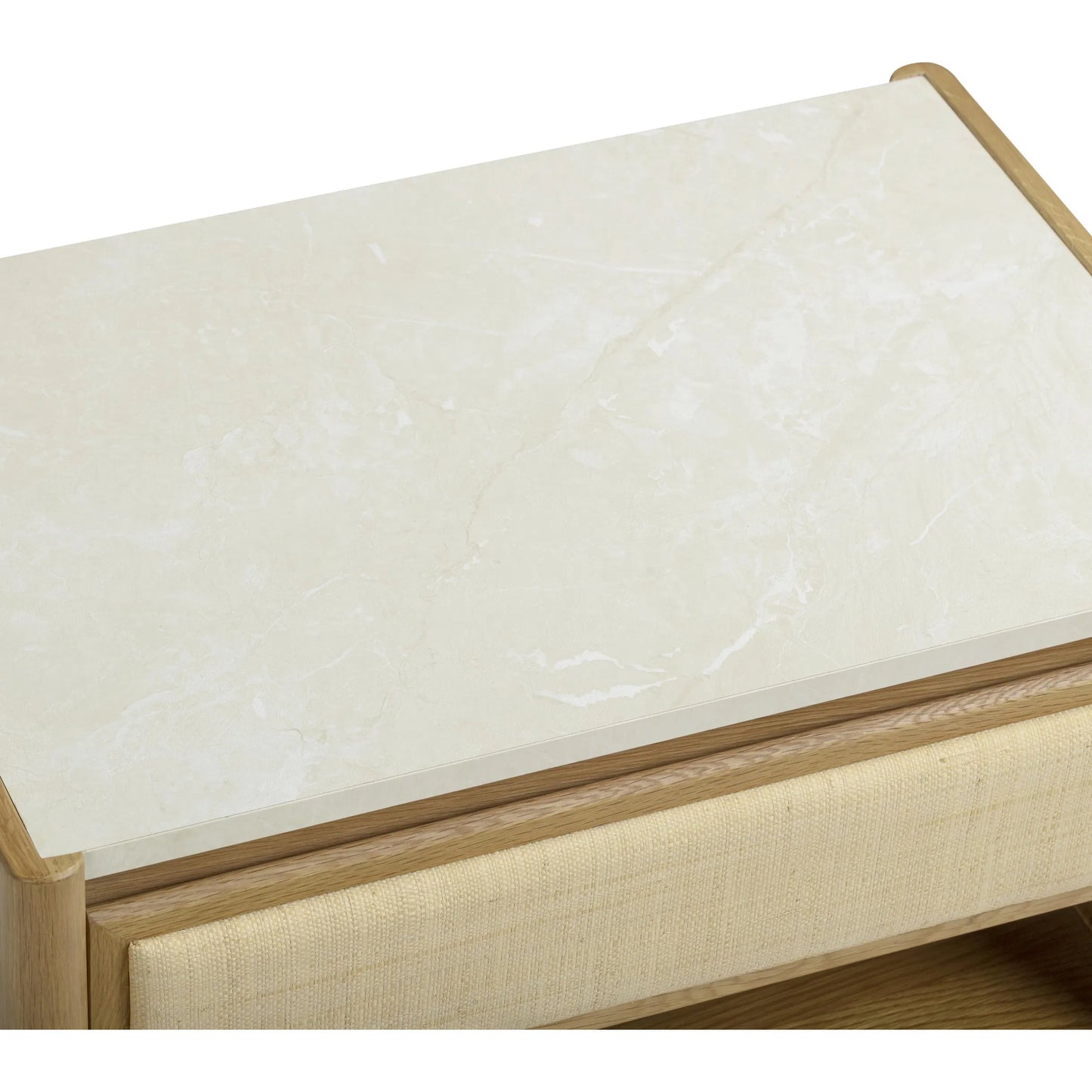 007 SI-2454351 | Closeup | Paige Oak 2-Drawer Nightstand by TOV Furniture in natural. Made from melamine, oak, oak veneer, raffia in a unique style.