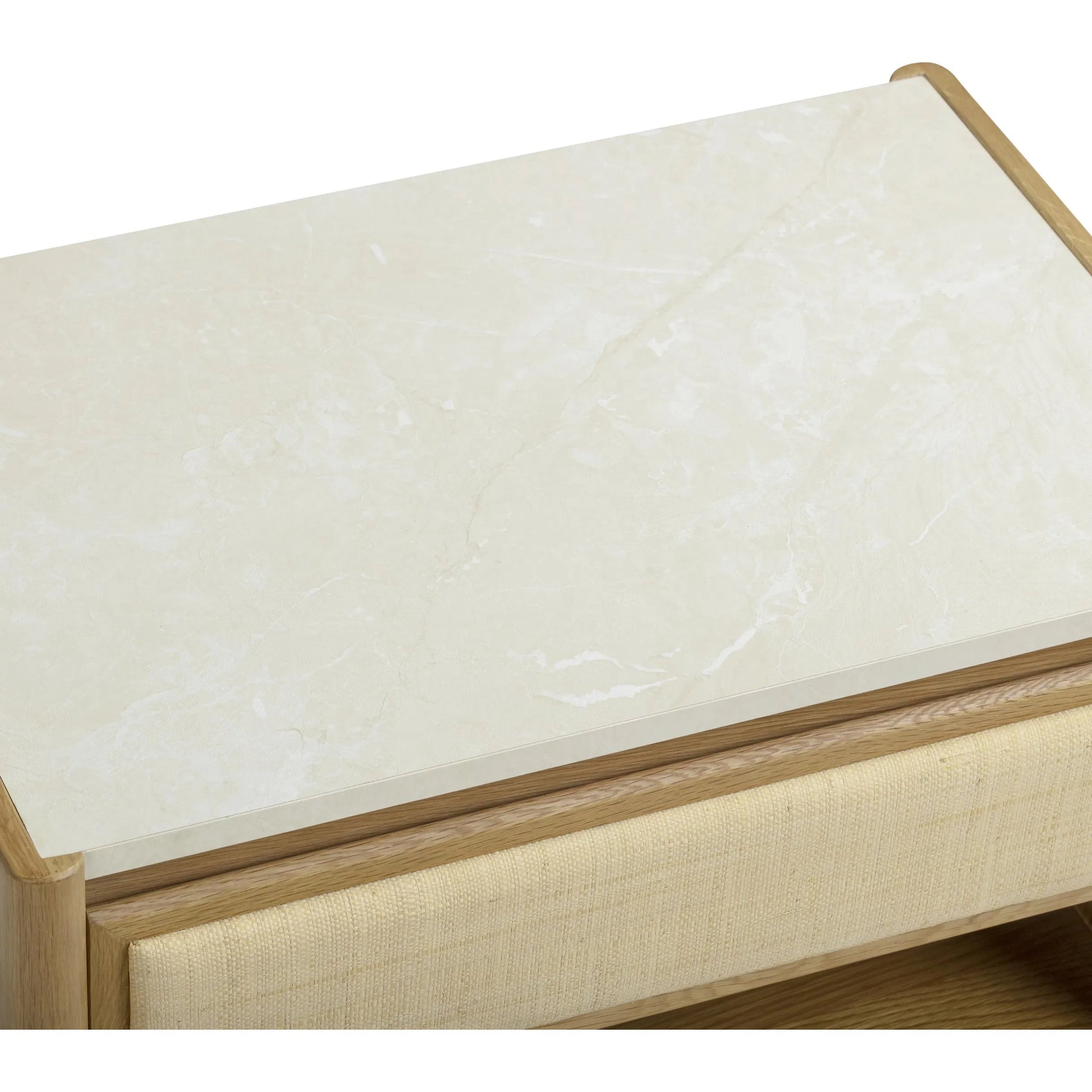 Paige Oak 2-Drawer Nightstand by TOV Furniture in natural. Made from melamine, oak, oak veneer, raffia in a unique style.
