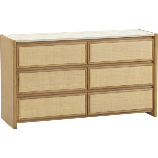 Paige Oak 6-Drawer Dresser by TOV Furniture in natural. Made from melamine, oak, oak veneer, raffia in a unique style.