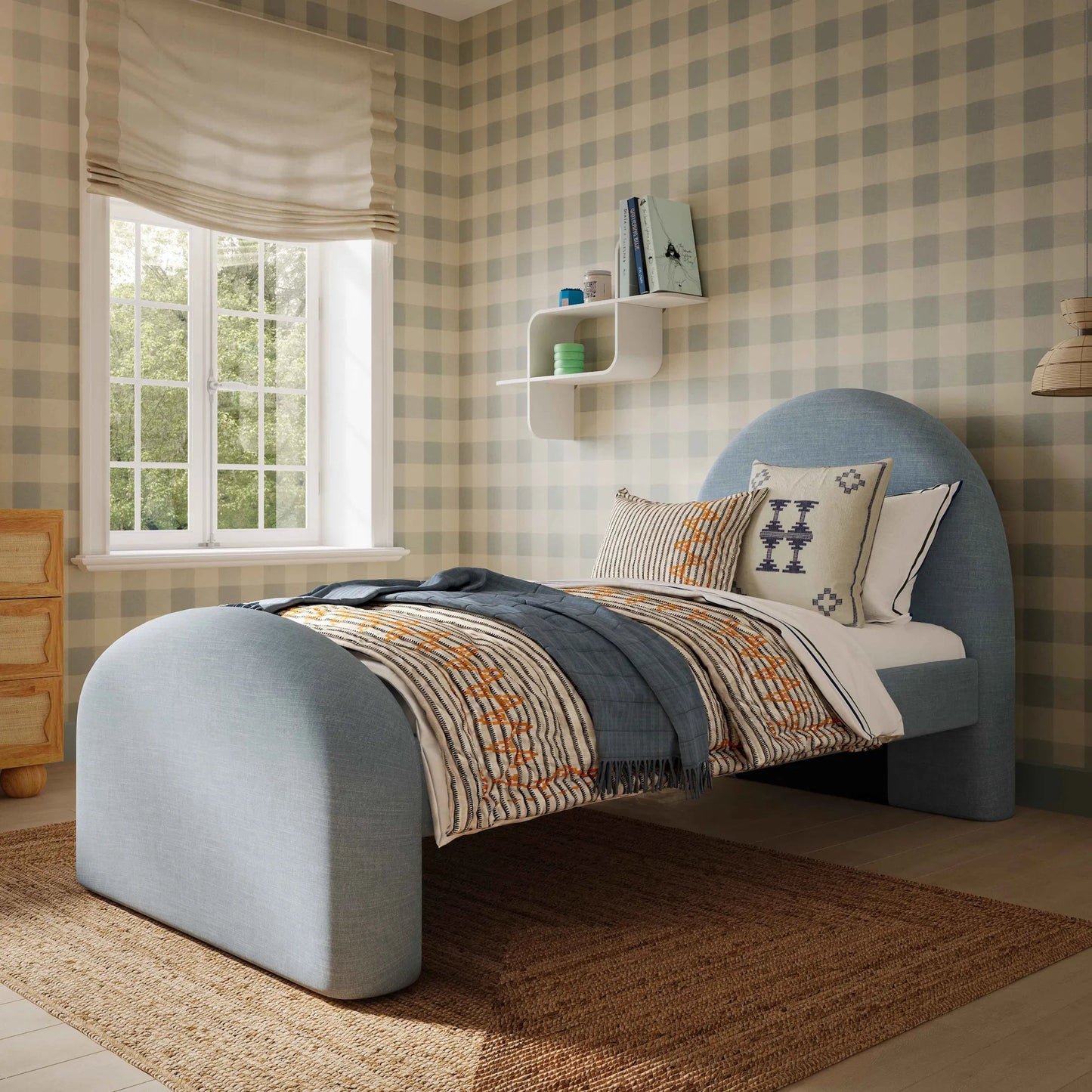 006 SI-2454347 | Lifestyle | Moon Chambray Chenille Bed by TOV Furniture in blue. Made from chenille, mdf in a unique style.
