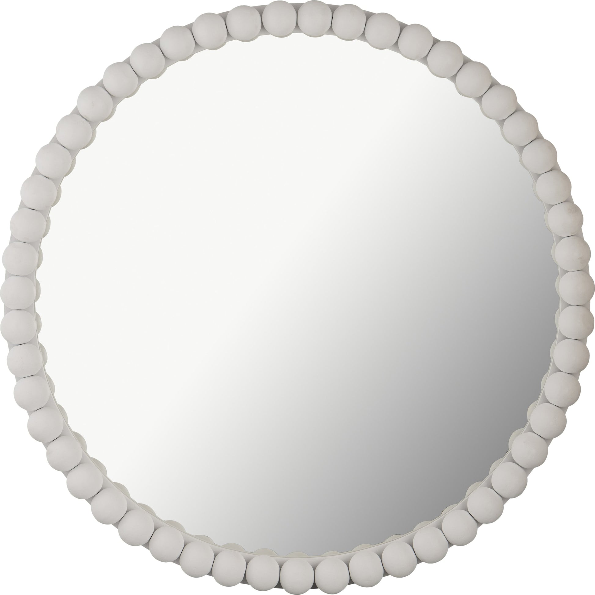 Baria Wooden Round Wall Mirror by TOV Furniture in white. Made from wood. glass, iron in a transitional style.