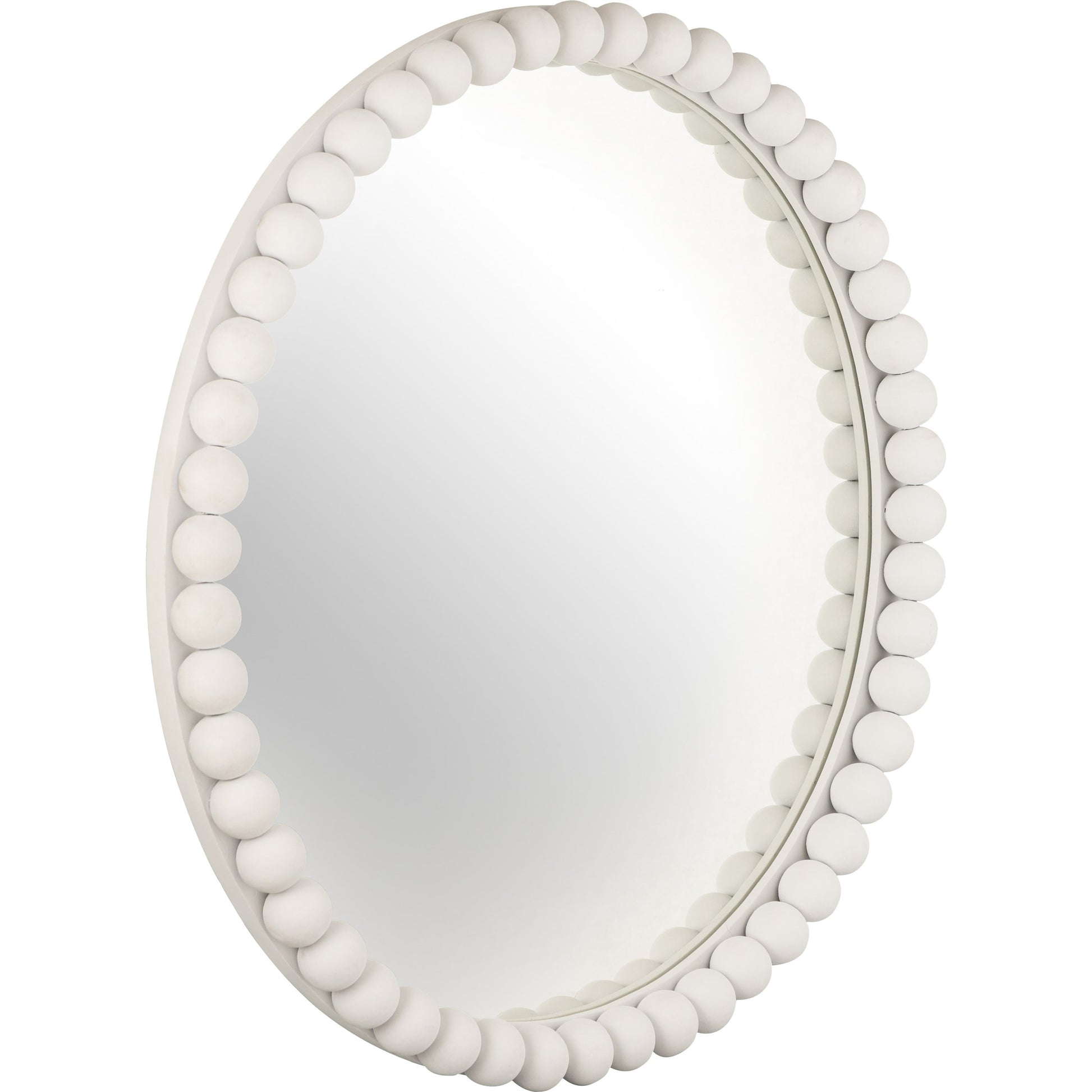 Baria Wooden Round Wall Mirror by TOV Furniture in white. Made from wood. glass, iron in a transitional style.