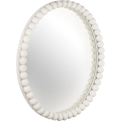 Baria Wooden Round Wall Mirror by TOV Furniture in white. Made from wood. glass, iron in a transitional style.