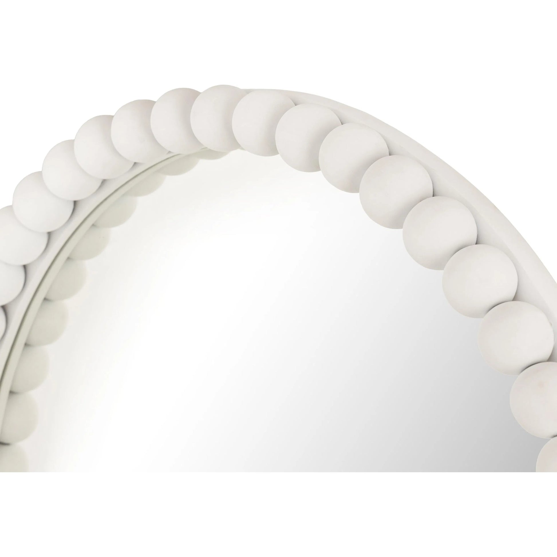 Baria Wooden Round Wall Mirror by TOV Furniture in white. Made from wood. glass, iron in a transitional style.