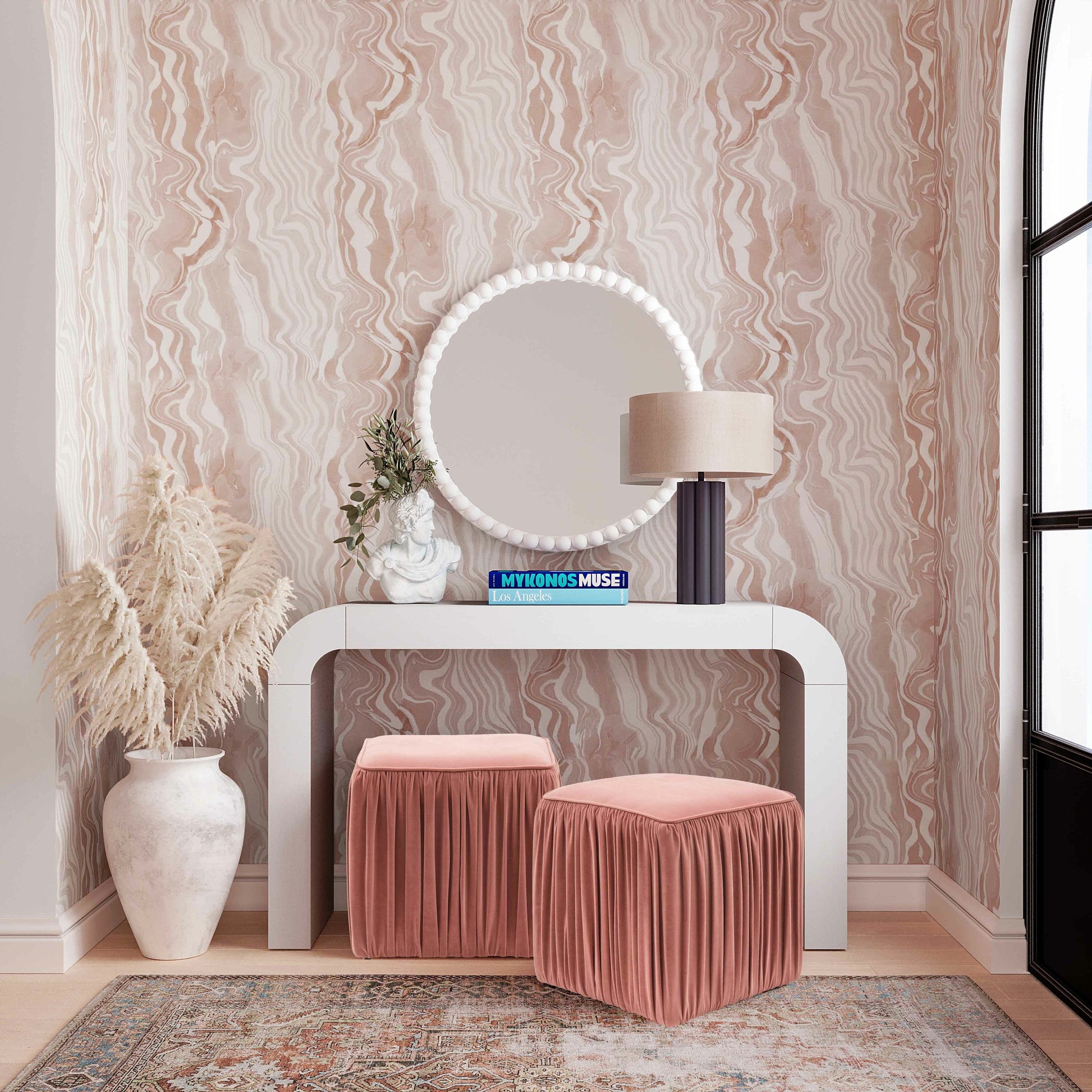 Baria Wooden Round Wall Mirror by TOV Furniture. Made from wood. glass, iron in a transitional style.