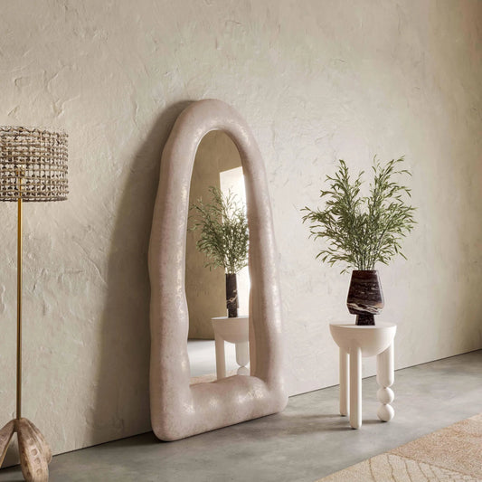 Kaia Textured Small Floor Mirror by TOV Furniture in cream. Made from frp, glass in a modern style.