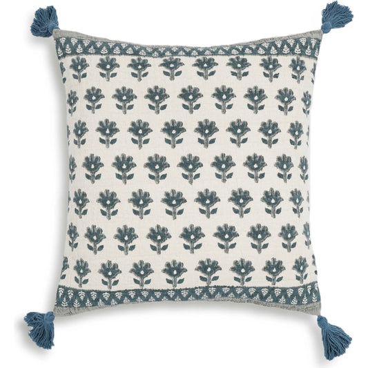Blossom Printed Cotton Tassel Accent Cushion by TOV Furniture in blue. Made from cotton in a unique style.