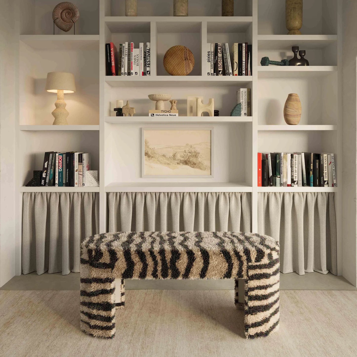 001 SI-2321057 | Lifestyle | Zebra Striped Tufted Bench by TOV Furniture in brown. Made from cotton, polyester, wood in a unique style.