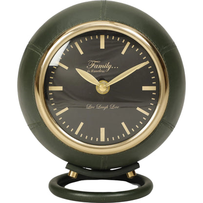 Draper Designer Standing Accent Clock by TOV Furniture in green. Made from metal, vegan leather in a unique style.
