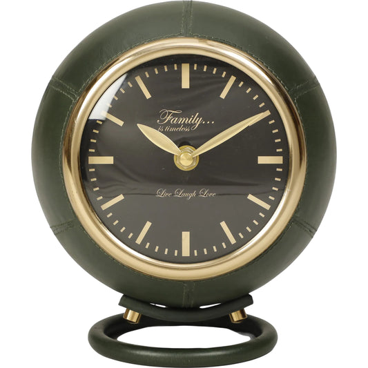 Draper Designer Standing Accent Clock by TOV Furniture in green. Made from metal, vegan leather in a unique style.