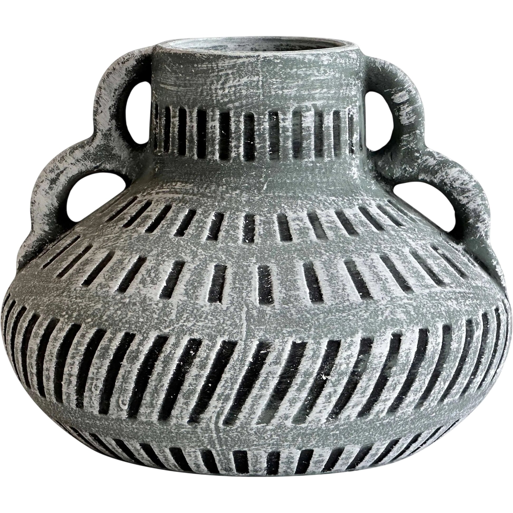 Earthenware Aztec Wide Flower Vase by TOV Furniture in blue. Made from ceramic in a rustic style.