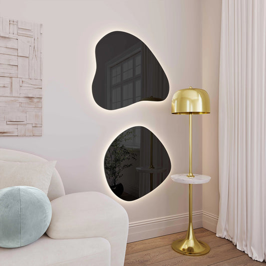 Phoebe LED Teardrop Wall Mirror by TOV Furniture in black tinted. Made from glass in a modern style.