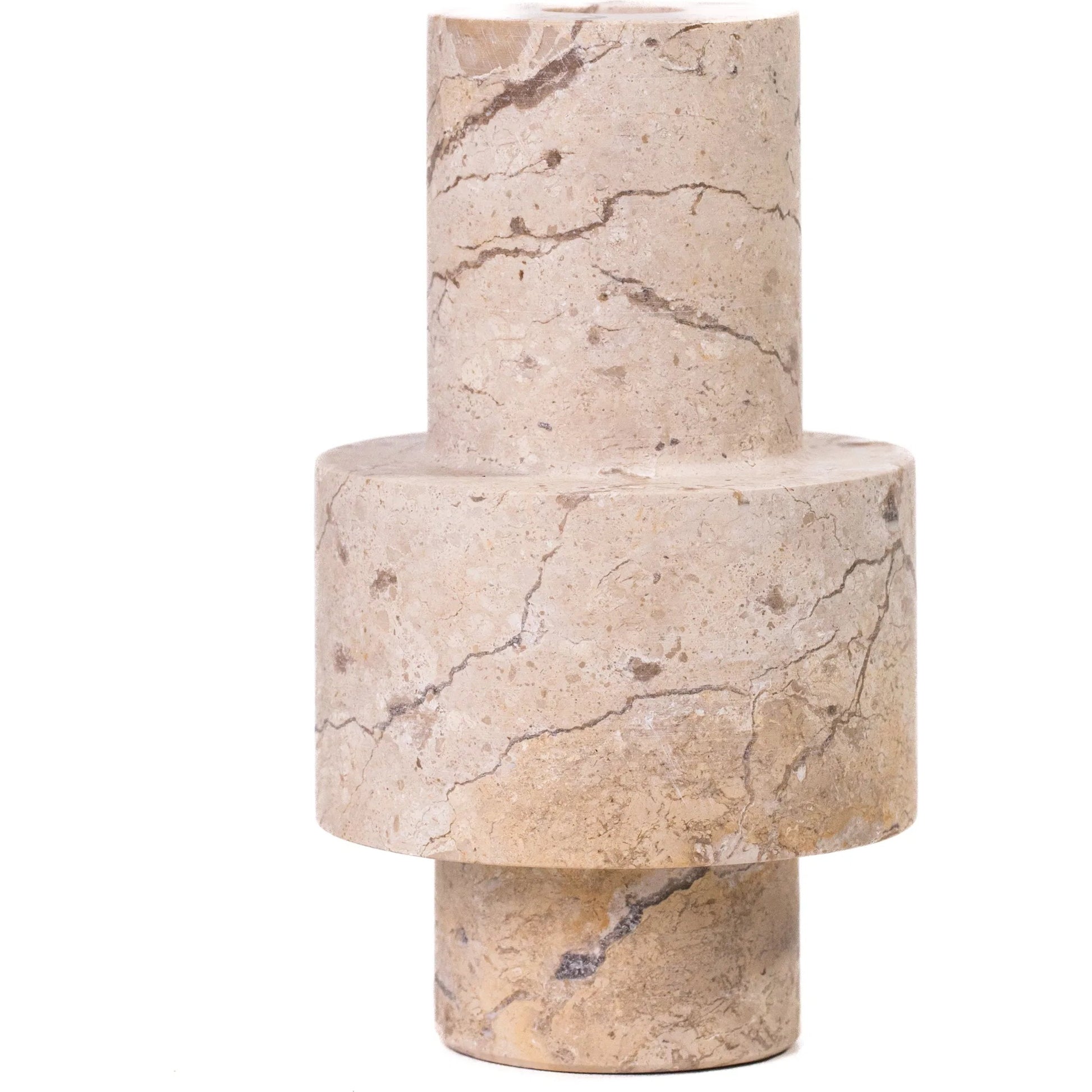Natural Turned Candle Holder by TOV Furniture in travertine. Made from travertine in a unique style.