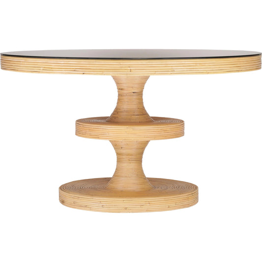 Apollonia Rattan Round Dining Table by TOV Furniture in natural. Made from glass, rattan veneer, wood in a cottage & farmhouse style.