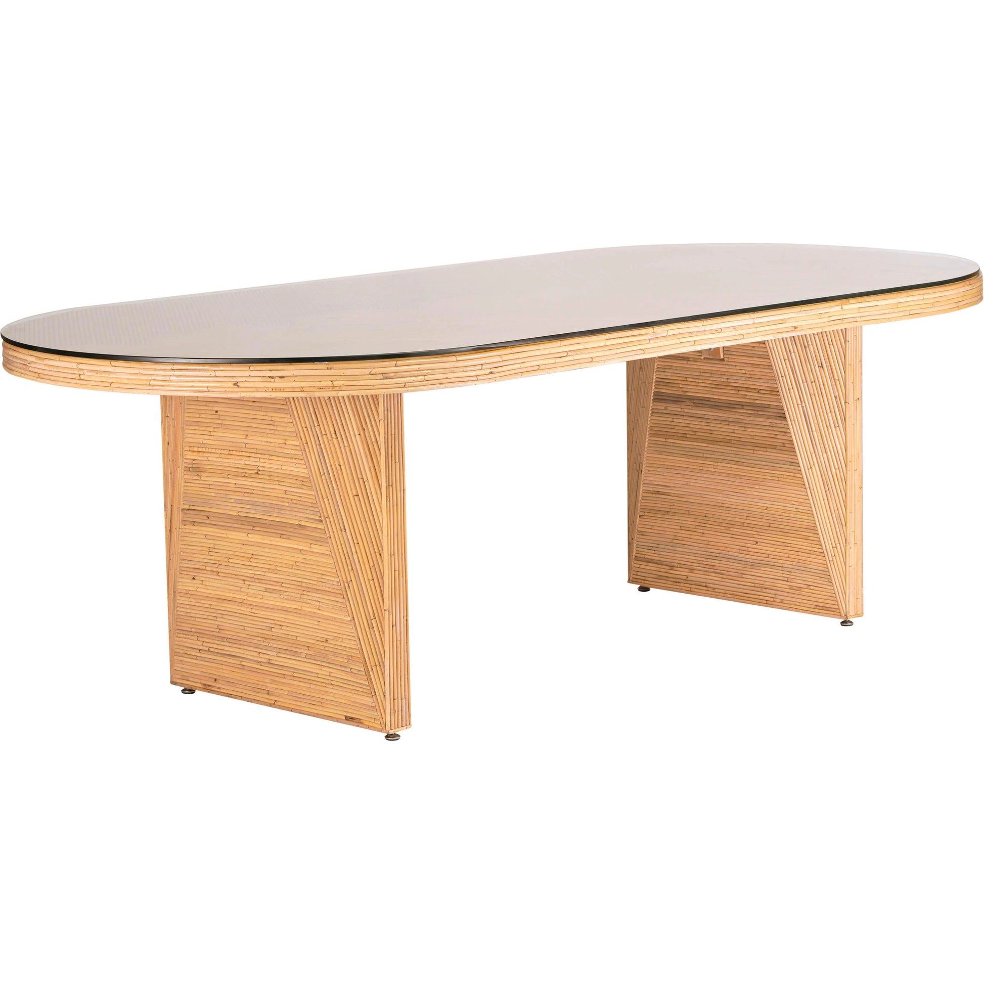 Caren Rattan and Glass Oval Dining Table by TOV Furniture in natural. Made from glass, mahogany, plywood, rattan in a modern style.