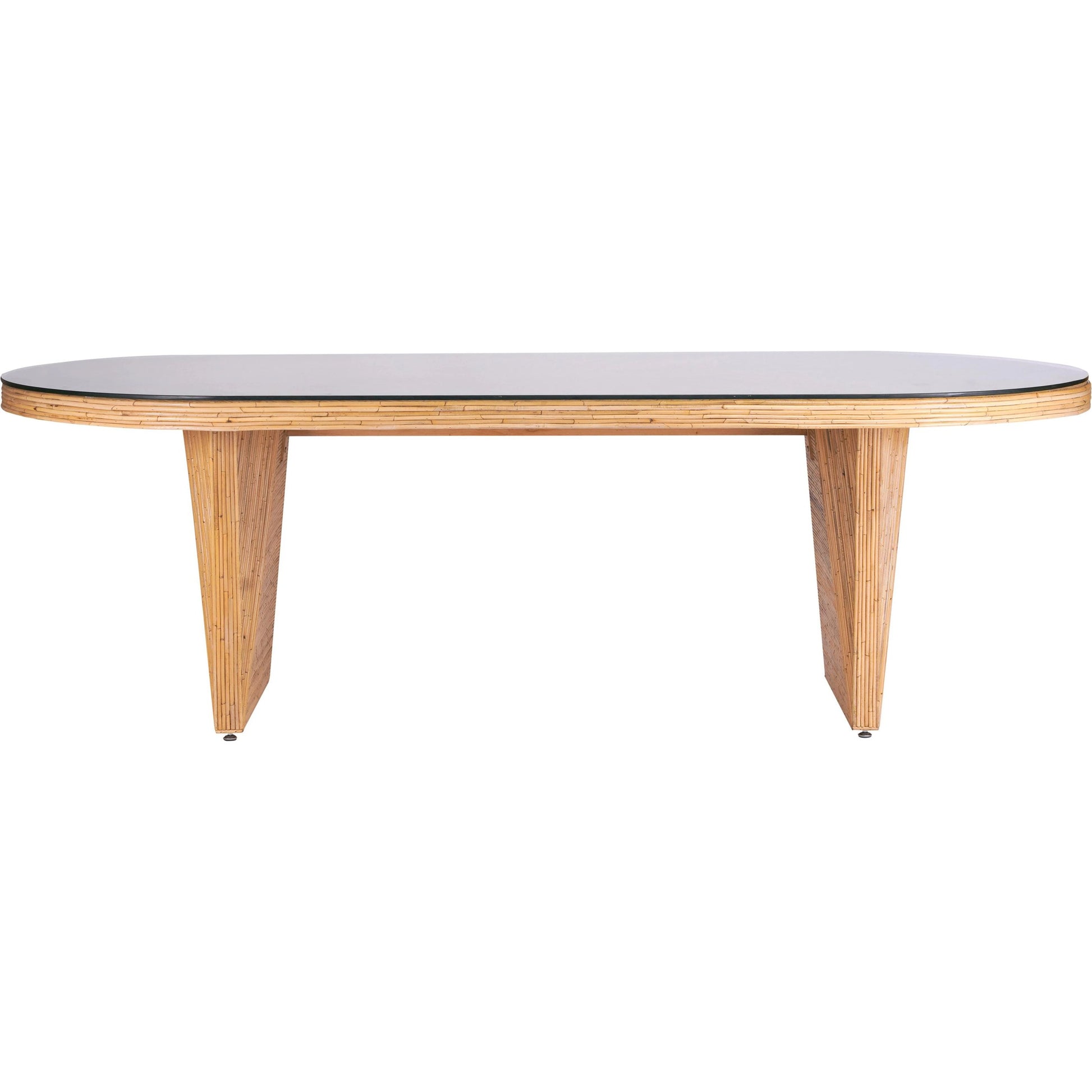 Caren Rattan and Glass Oval Dining Table by TOV Furniture in natural. Made from glass, mahogany, plywood, rattan in a modern style.
