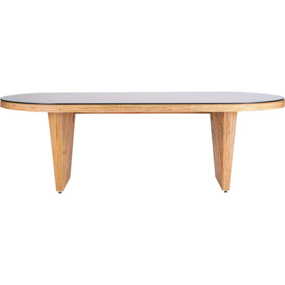 Caren Rattan and Glass Oval Dining Table by TOV Furniture in natural. Made from glass, mahogany, plywood, rattan in a modern style.