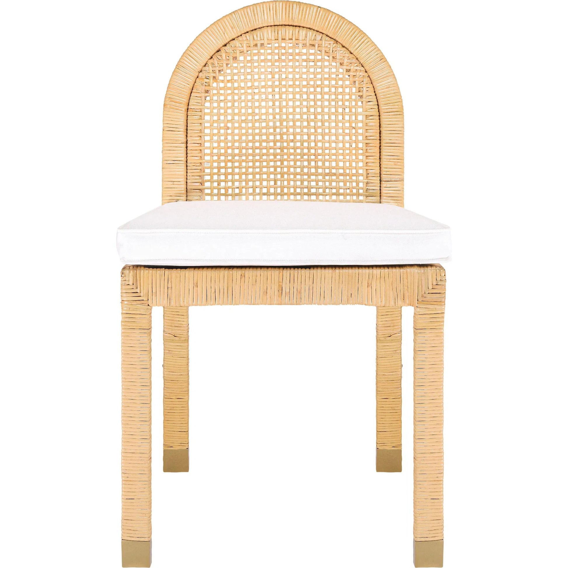 Amara Rattan and Performance Fabric Arched Back Dining Chair by TOV Furniture in natural. Made from brass, fabric, rattan in a unique style.