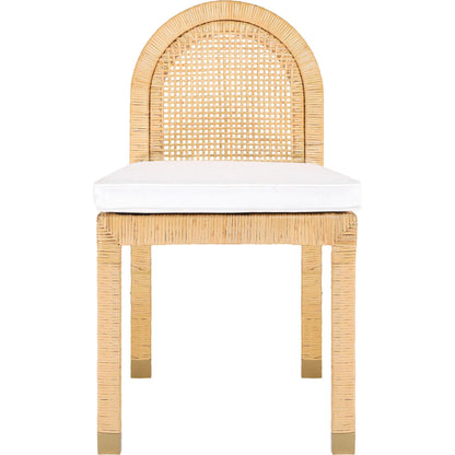 Amara Rattan and Performance Fabric Arched Back Dining Chair by TOV Furniture in natural. Made from brass, fabric, rattan in a unique style.