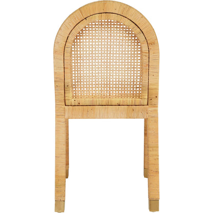 Amara Rattan and Performance Fabric Arched Back Dining Chair by TOV Furniture in natural. Made from brass, fabric, rattan in a unique style.