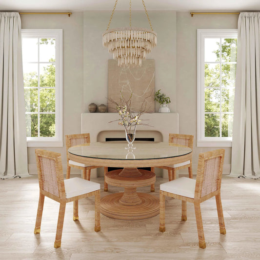 Amara Linen Dining Chair by TOV Furniture in cream, natural. Made from brass, linen, rattan, wood in a unique style.