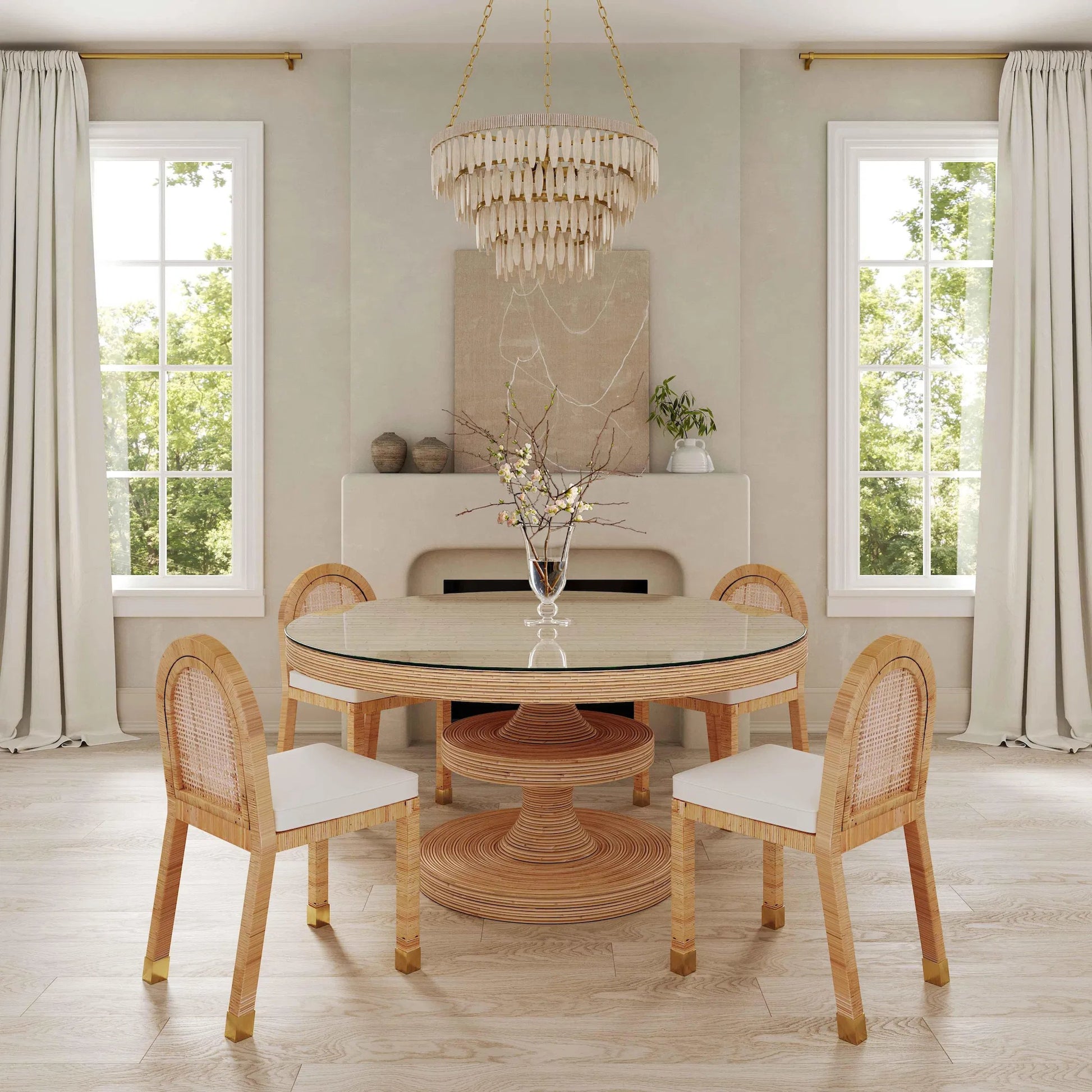 Amara Linen Arched Dining Chair by TOV Furniture in cream, natural. Made from brass, linen, rattan, wood in a rustic style.
