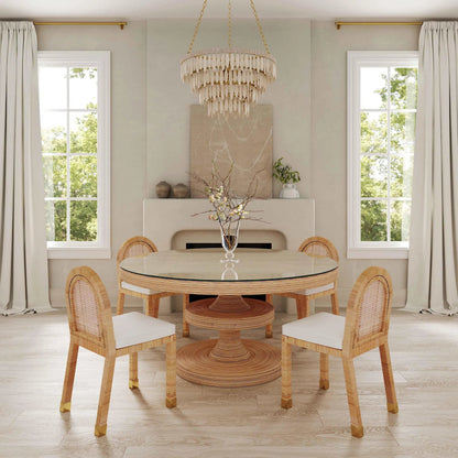 Amara Linen Arched Dining Chair by TOV Furniture in cream, natural. Made from brass, linen, rattan, wood in a rustic style.
