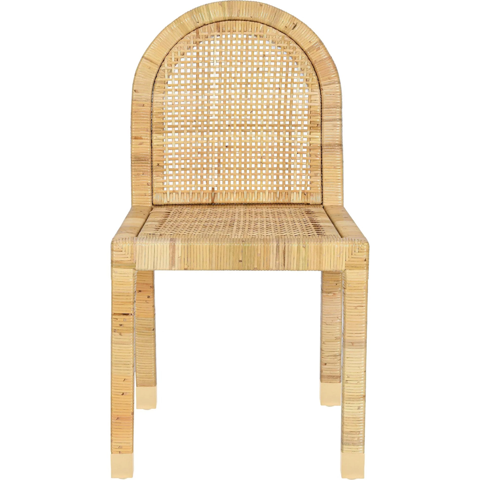 Amara Linen Arched Dining Chair by TOV Furniture in cream, natural. Made from brass, linen, rattan, wood in a rustic style.