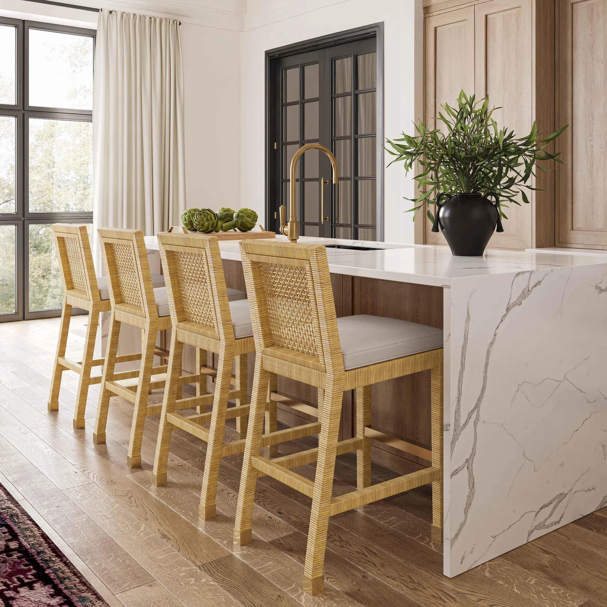 Amara Linen Counter Stool by TOV Furniture in cream, natural. Made from brass, linen, rattan, wood in a unique style.