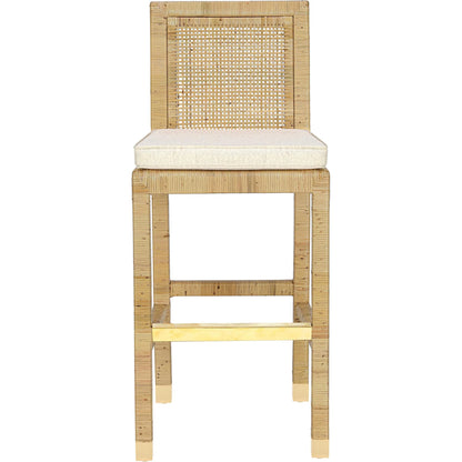 Amara Linen Barstool by TOV Furniture in cream, natural. Made from brass, linen, rattan, wood in a rustic style.