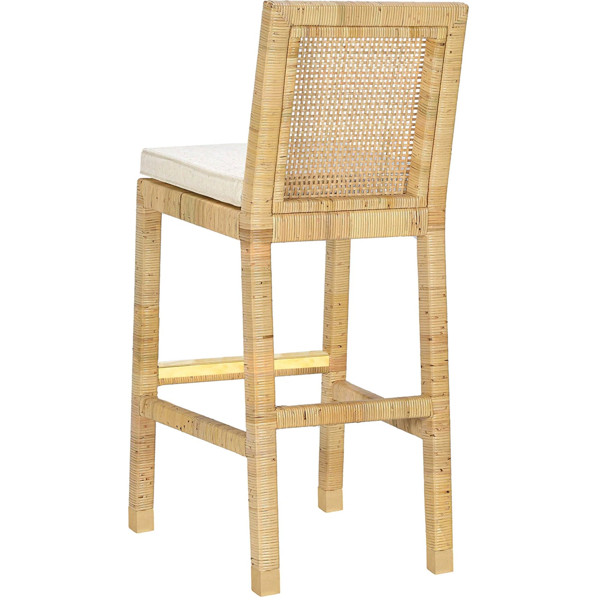 Amara Linen Barstool by TOV Furniture in cream, natural. Made from brass, linen, rattan, wood in a rustic style.