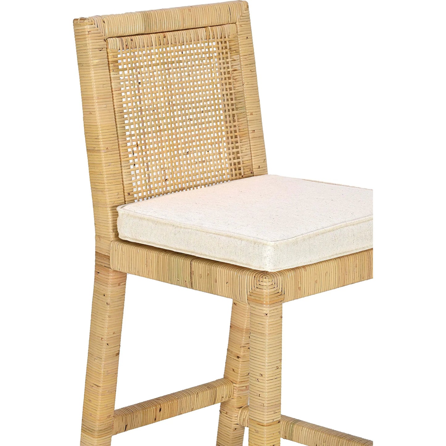 005 SI-2439897 | Closeup | Amara Linen Barstool by TOV Furniture in cream, natural. Made from brass, linen, rattan, wood in a rustic style.