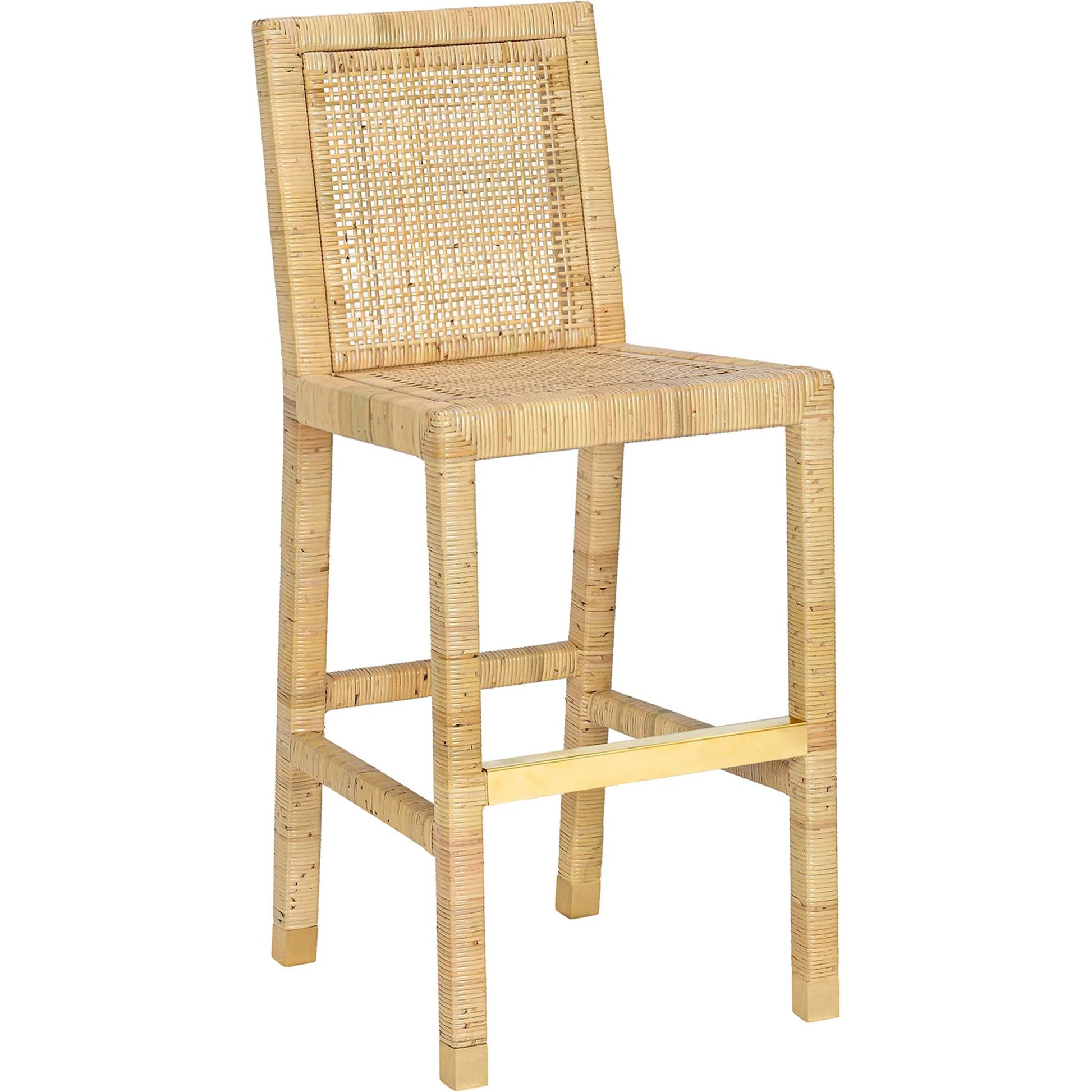 Amara Linen Barstool by TOV Furniture in cream, natural. Made from brass, linen, rattan, wood in a rustic style.