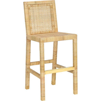 Amara Linen Barstool by TOV Furniture in cream, natural. Made from brass, linen, rattan, wood in a rustic style.