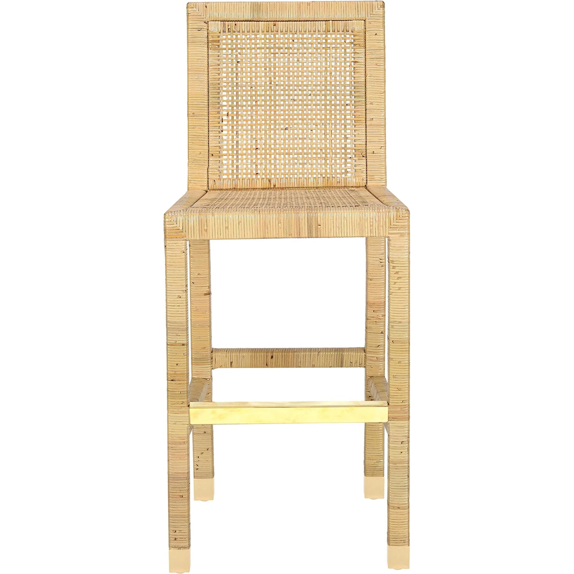 Amara Linen Barstool by TOV Furniture in cream, natural. Made from brass, linen, rattan, wood in a rustic style.