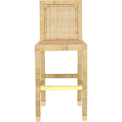 Amara Linen Barstool by TOV Furniture in cream, natural. Made from brass, linen, rattan, wood in a rustic style.