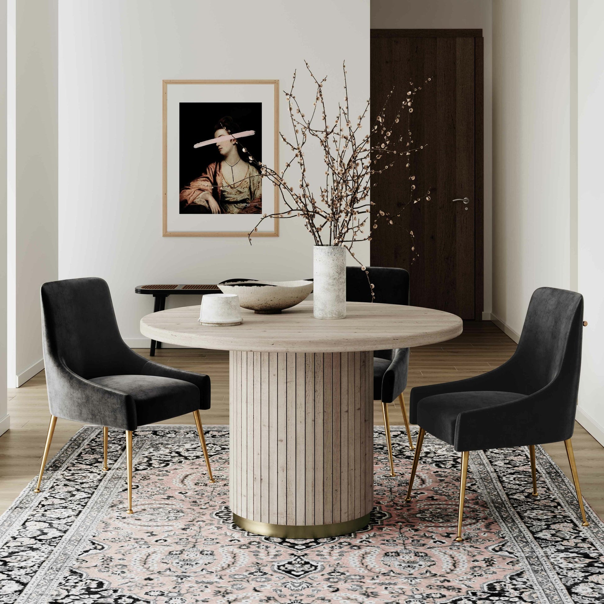 Chelsea Oak Round Dining Table by TOV Furniture in natural oak. Made from ash, mdf veneer in a cottage & farmhouse style.