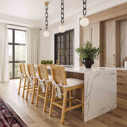 Amara Rattan Bar Stool by TOV Furniture in natural. Made from fabric, rattan veneer, wood in a cottage & farmhouse style.