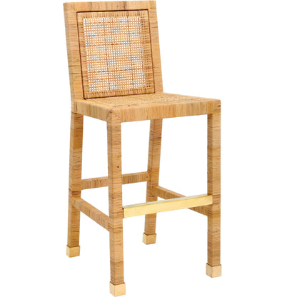 Amara Rattan Bar Stool by TOV Furniture in natural. Made from fabric, rattan veneer, wood in a cottage & farmhouse style.