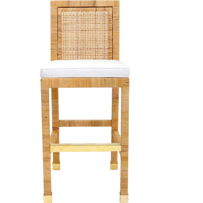Amara Rattan Bar Stool by TOV Furniture in natural. Made from fabric, rattan veneer, wood in a cottage & farmhouse style.