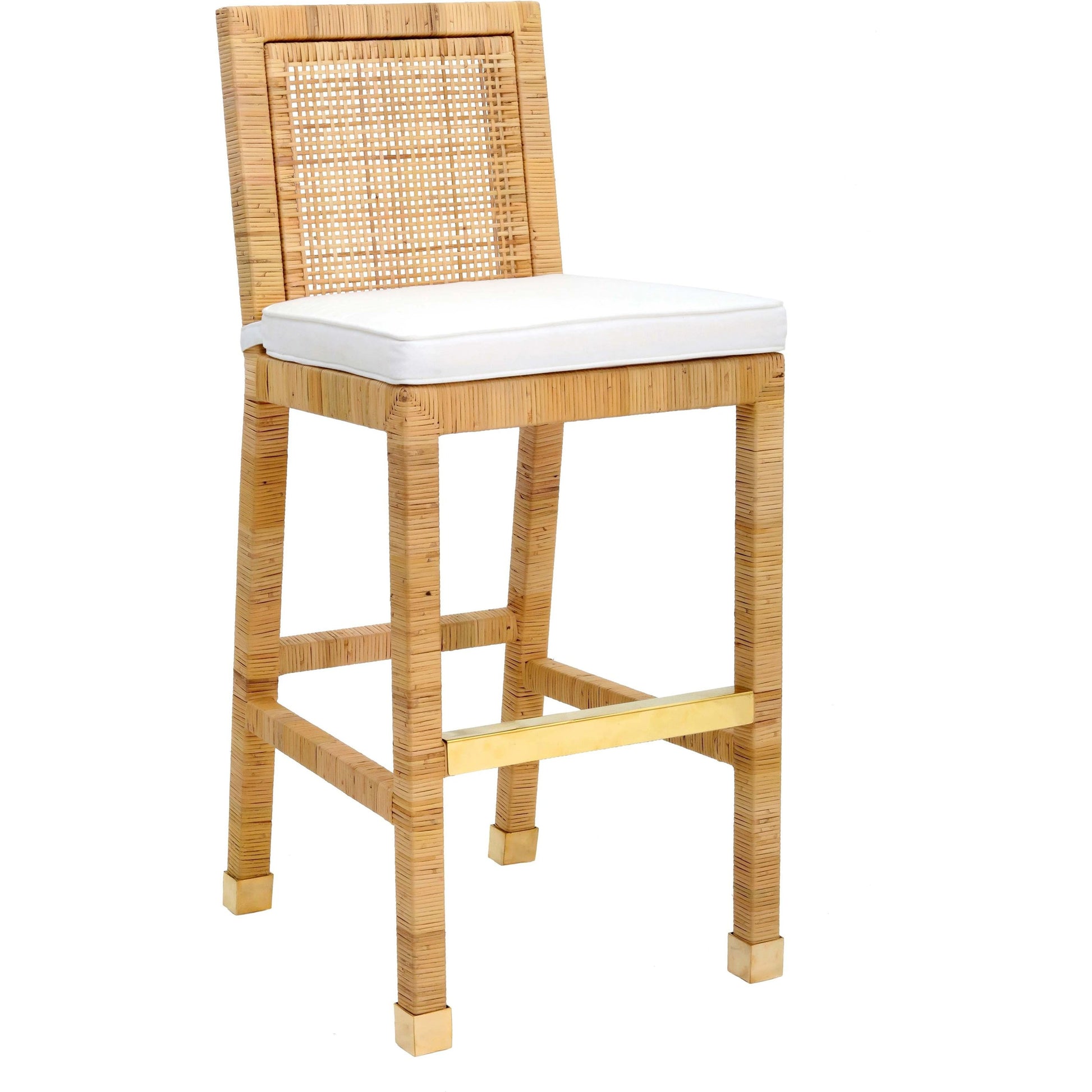 Amara Rattan Bar Stool by TOV Furniture in natural. Made from fabric, rattan veneer, wood in a cottage & farmhouse style.