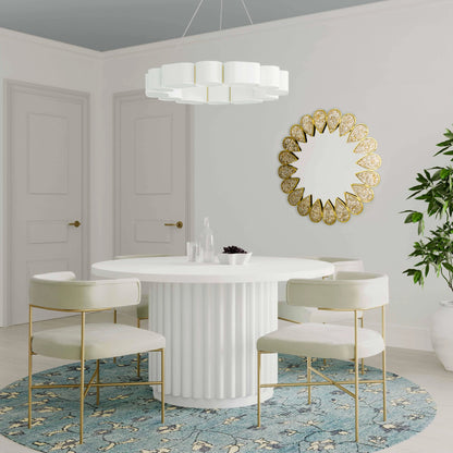 Kali Round Dining Table by TOV Furniture in white. Made from acacia, mdf veneer, metal in a modern style.